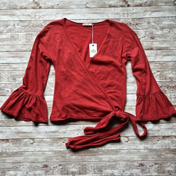 Marine Layer Ava Wrap Top Bell Sleeves Red Stripe Size Small NWT - Picture 2 of 9